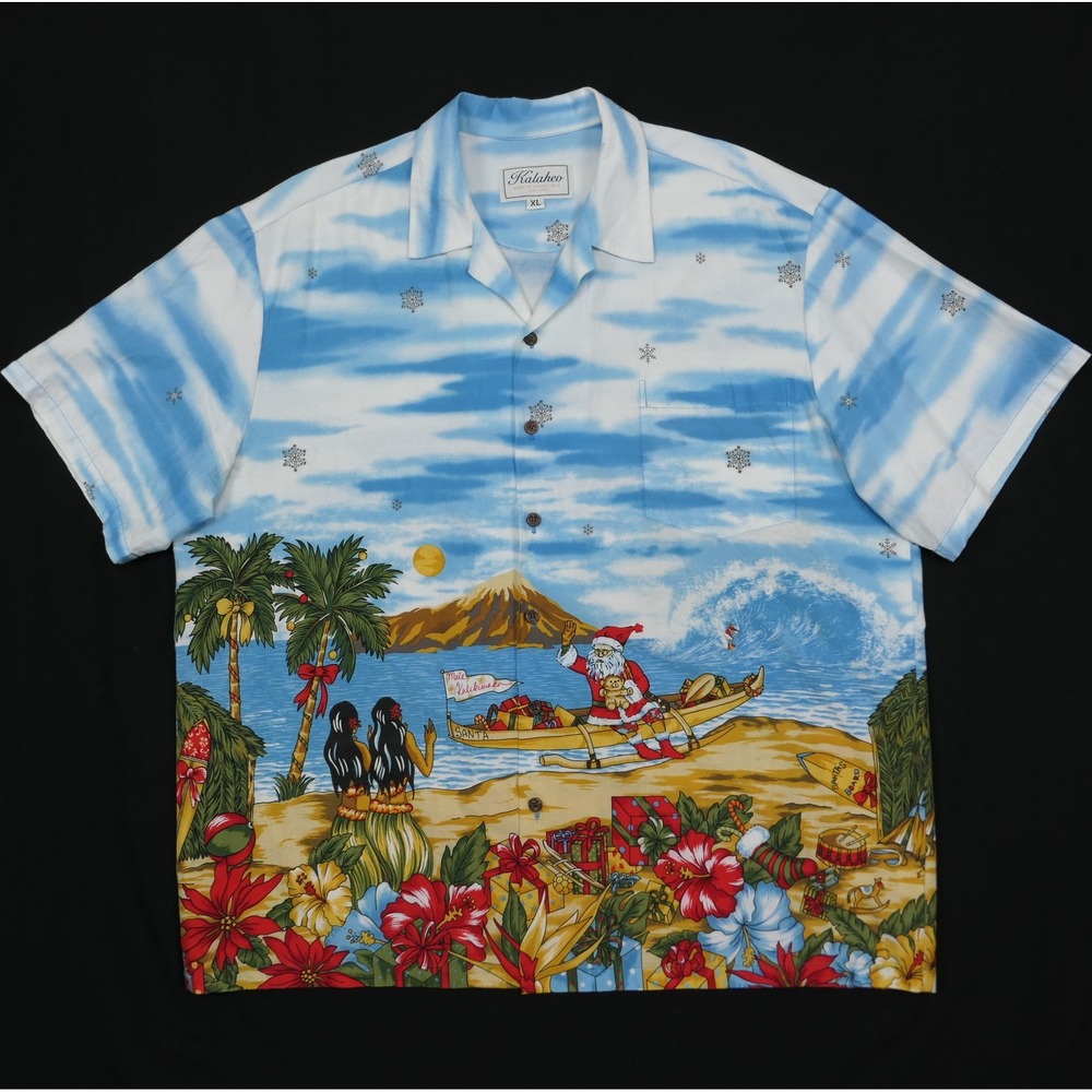 VTG Kalaheo Mens XL Hawaiian Shirt Christmas Mele Kalikimaka Santa Graphic